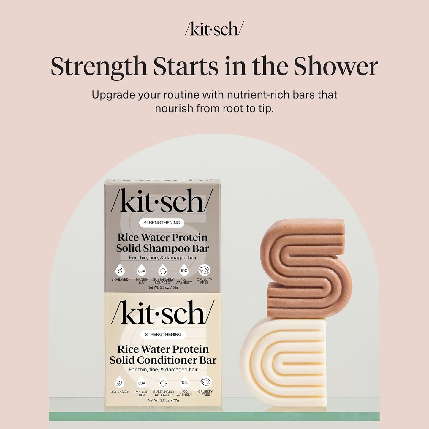 Kitsch Rice Water Protein Solid Shampoo and Conditioner Set for Hair Growth – Strengthening Hair Care Duo w/Rice Protein & Vitamins for Damage Repair – Paraben, Sulfate & Silicone Free, Made in USA
