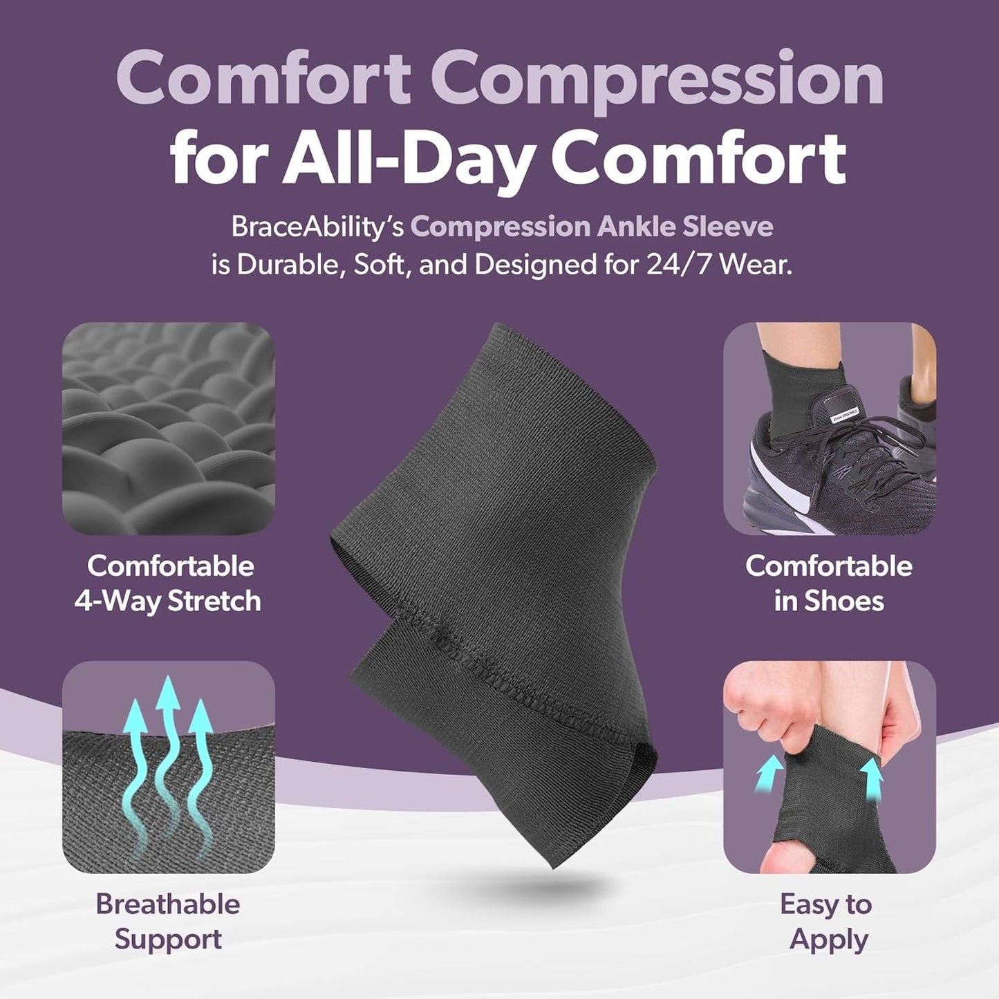 BraceAbility Elastic Ankle Support Brace - Lightweight Slip on Foot and Ankle Compression Sleeve for Gymnastics, Dance, Sports, Running, Exercise, and Sprained Ankle Swelling for Women and Men (Black, XX-Large)