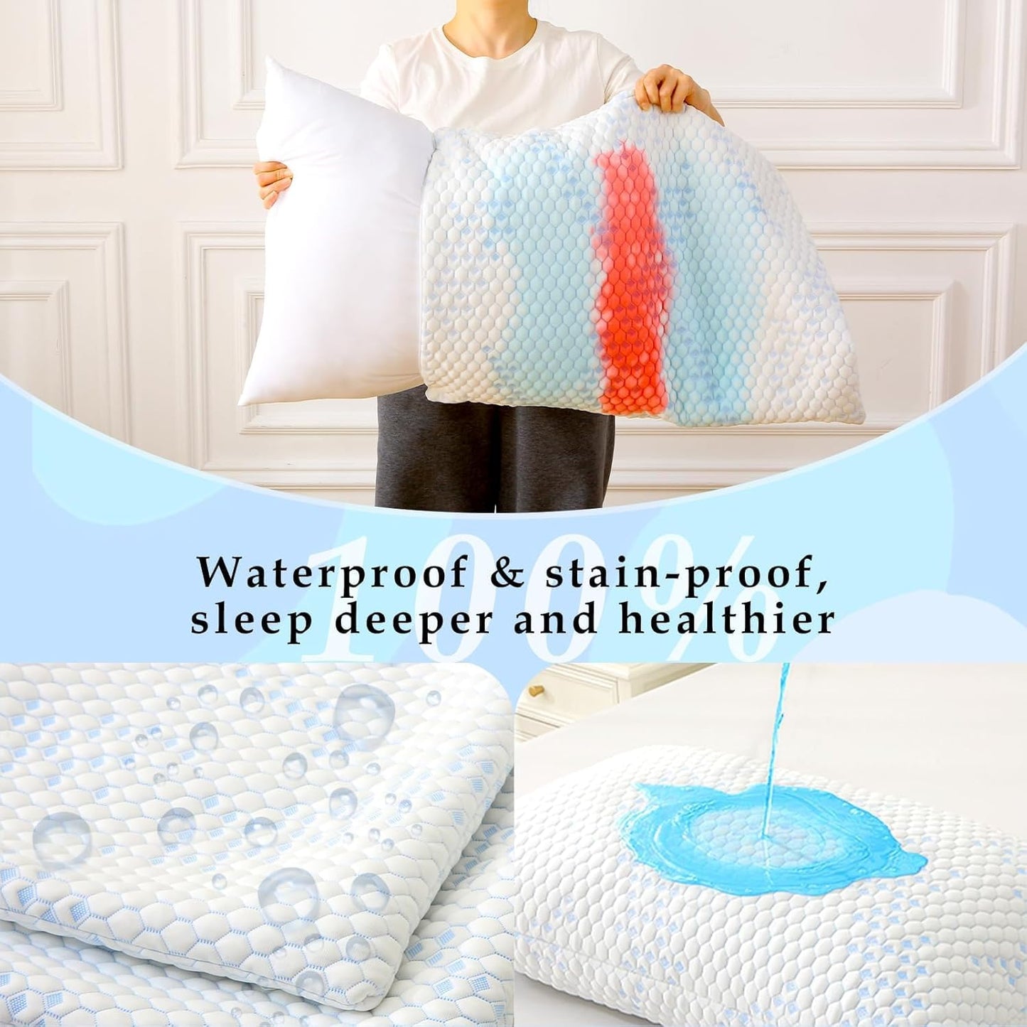 Pillow Protector(2 Pack) Standard, Waterproof Pillowcase with Zipper, Breathable, Soft Pillow Cover for Better Sleep, Machine Washable