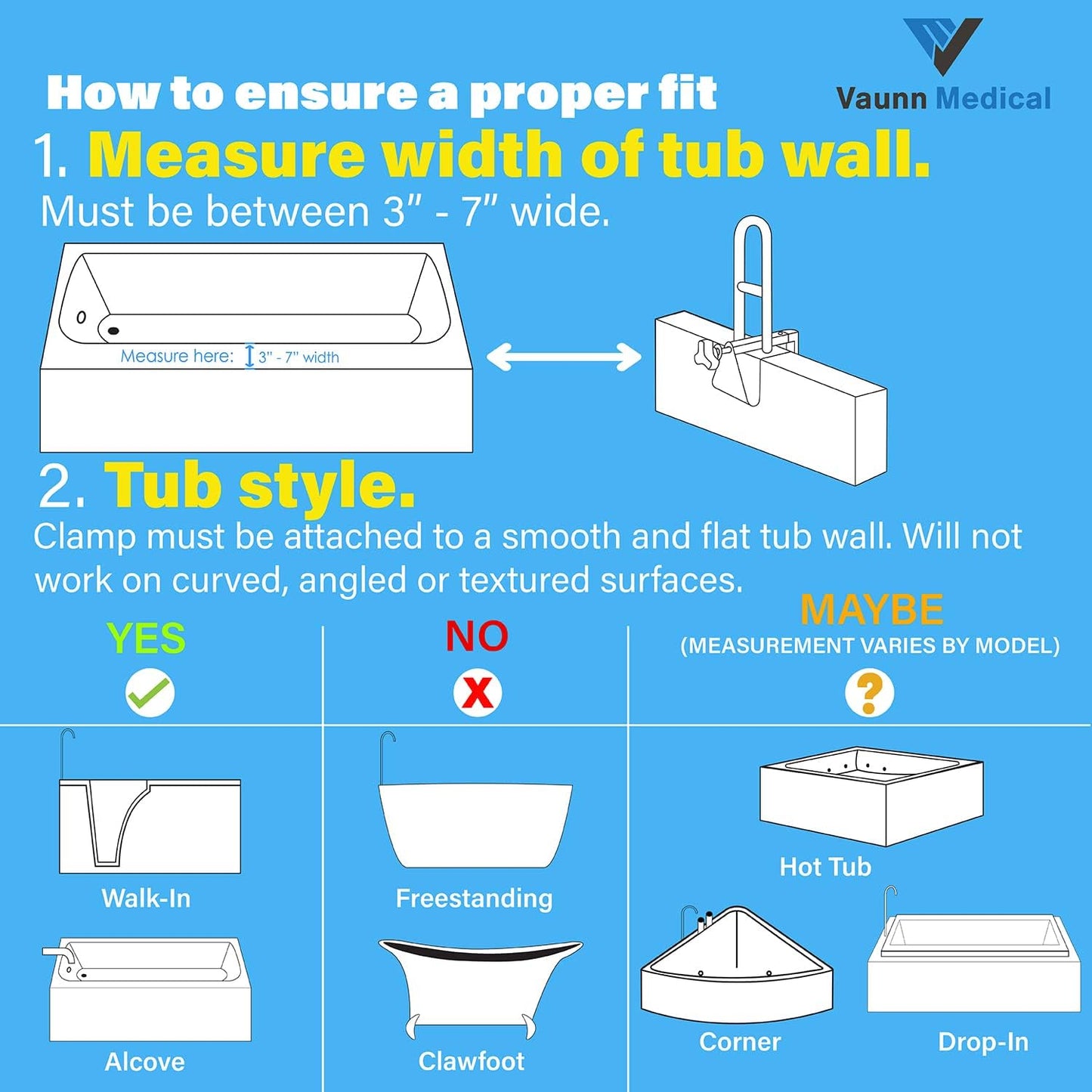 Vaunn Medical Adjustable Bathtub Safety Rail Shower Grab Bar Handle, Stainless Steel, White