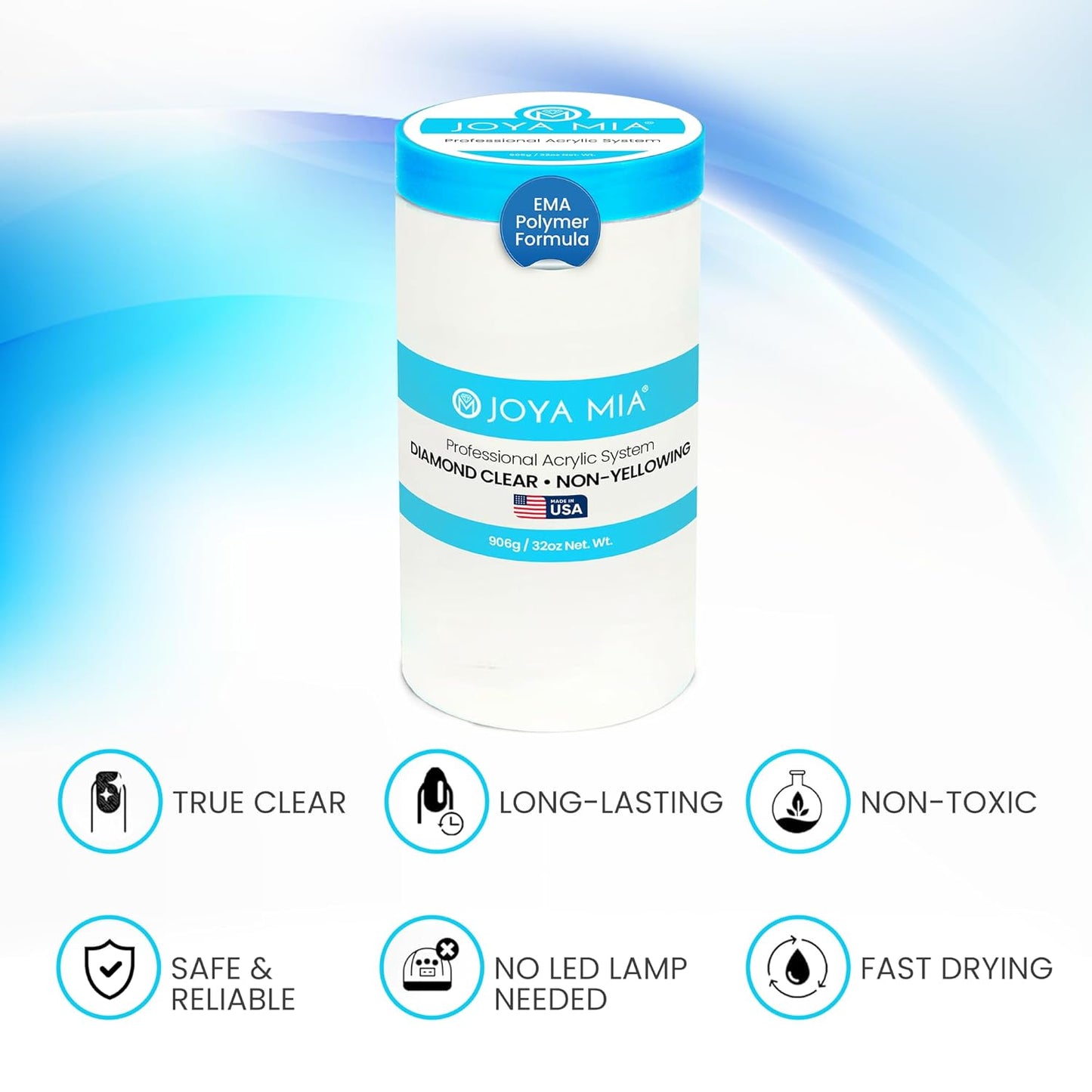 Joya Mia Acrylic Powder for Nails, MMA-Free, Super Adhesion Professional Powder for Flawless & Long-Lasting Nail Enhancements, Easy Application, Vibrant & Stunning Colors - Diamond Clear, 32 oz