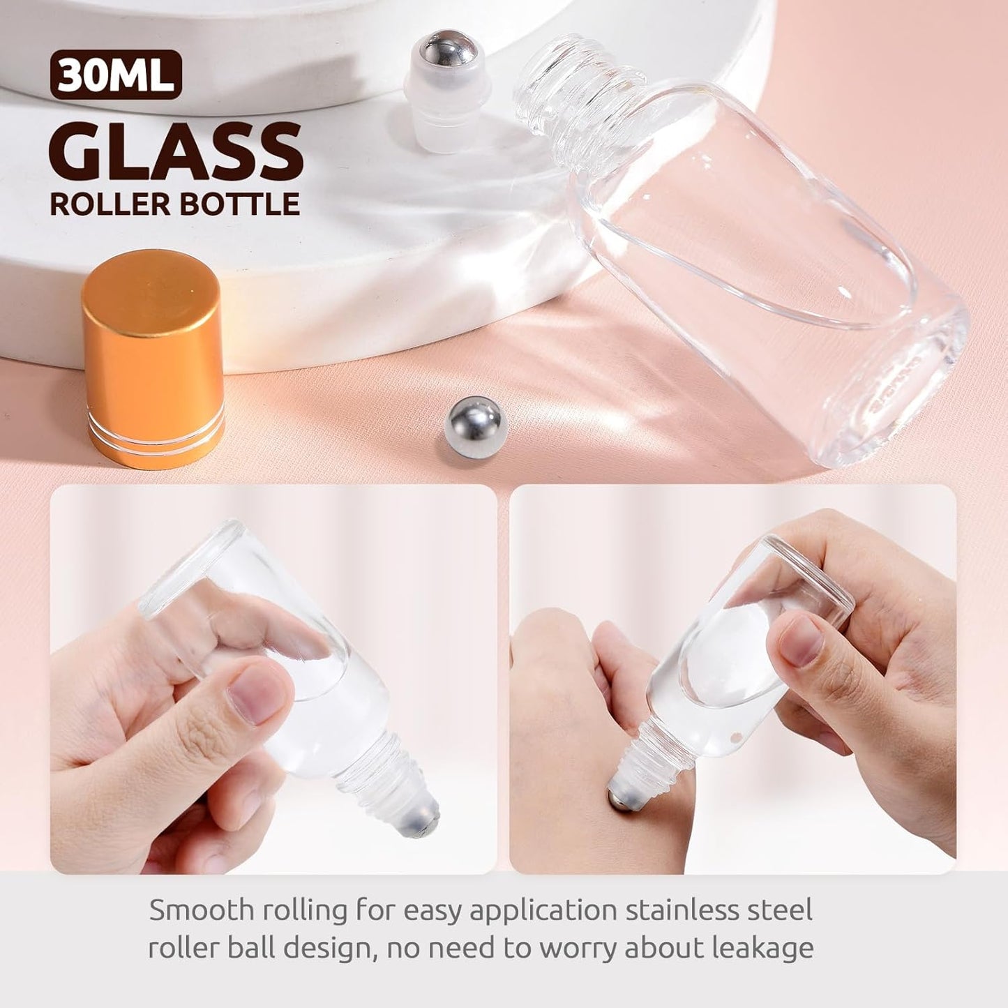 30ml Glass Roller Bottles 4-Pack, Refillable Roll-On Bottles for Essential Oils, Perfume, and DIY Blends with Stainless Steel Rollers-Clear, Gold Cap