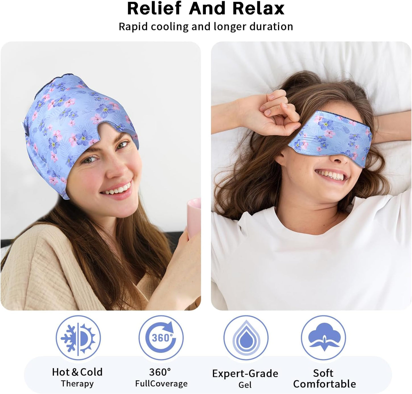 Migraine Relief Cap, Gel Cooling Eye Mask, Cooling Gel Relief 2 Pack Set, Headache Relief with Hot/Cold Gel, Instant Headache Relief, Reusable Gel Eye Mask Ice Pack for Stress Relief