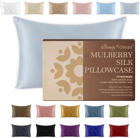 19 Momme Premium Mulberry Silk Pillowcase for Hair and Skin | Handcrafted Hypoallergenic & Anti-Acne 100% Silk Pillow Cases with Zipper | Standard - 20" x 26", Silver Lining