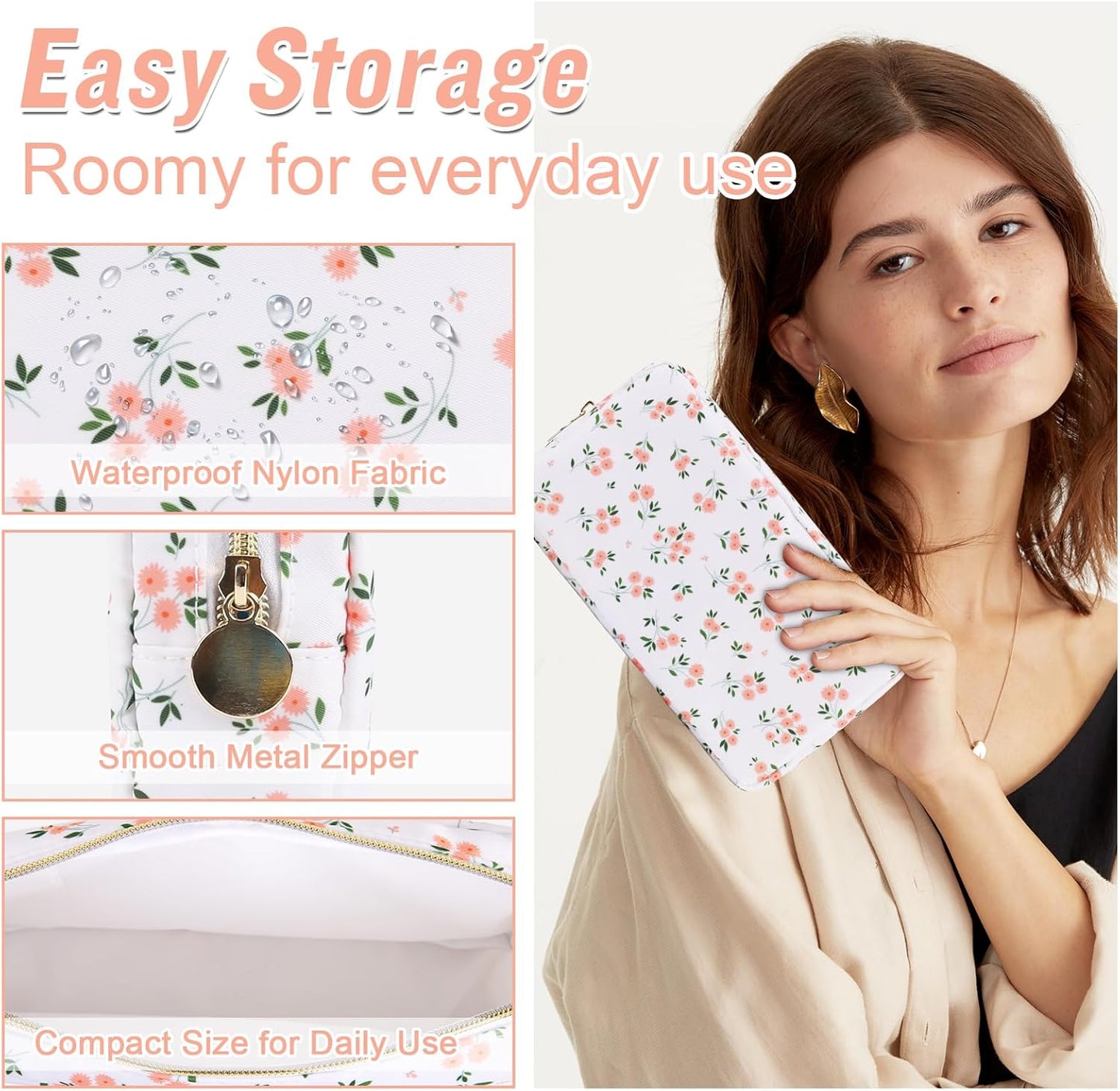 Nylon Small Floral Makeup Bag for Purse, Cute Preppy Travel Makeup Bag Flower Cosmetic Zipper Pouch Purse, Waterproof Toiletry Bag Make Up Organizer Storage Travel Essentials for Women(White-Floral)