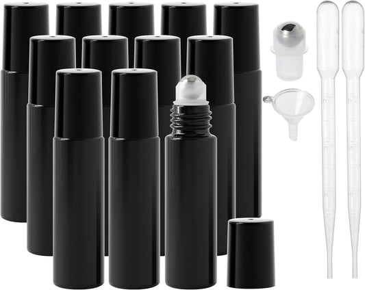 Essential Oil Roller Bottles, 10ml Thick Glass Perfume Roller Bottles with Funnel Opener and Dropper Colored Glass Empty Bottles with Stainless Steel Roller Balls (Black, 12 Pack)