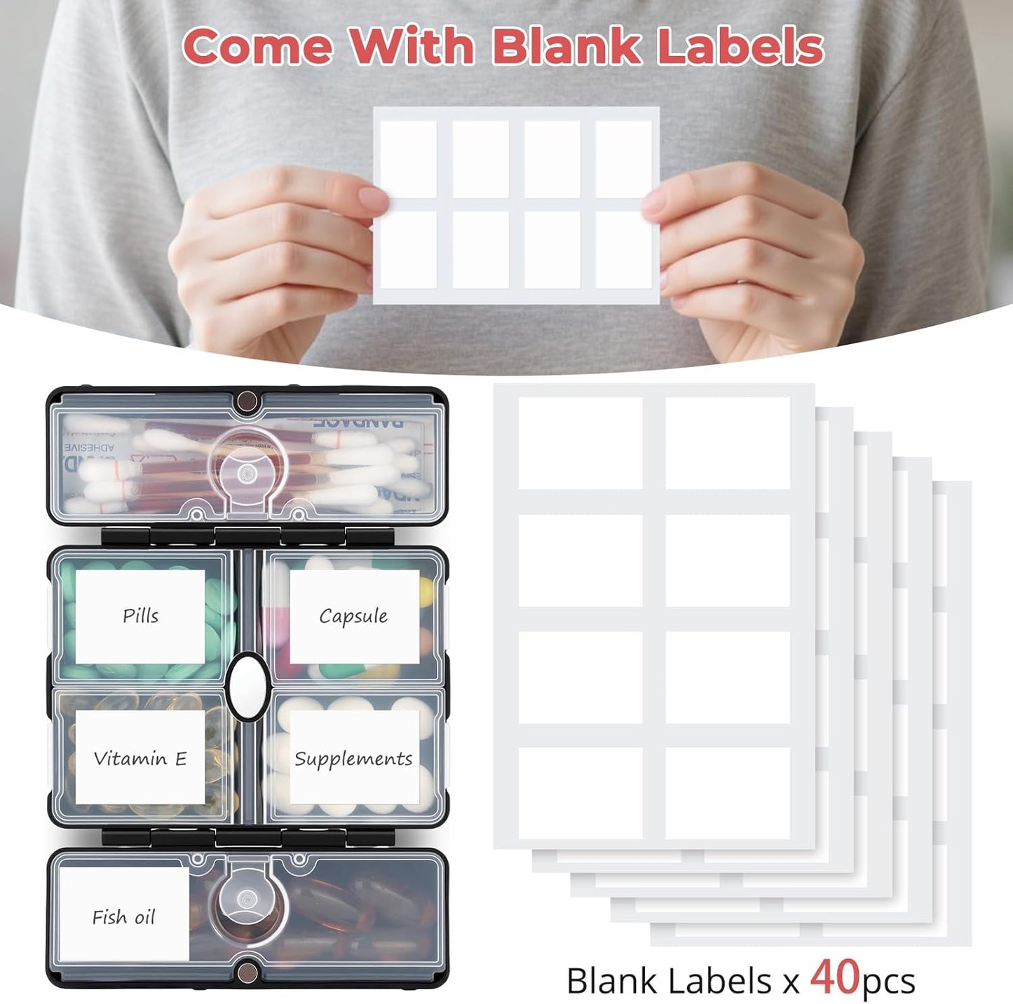 Zentiky Small Daily Pill Organizer with Labels, Medicine Pill Organizer Fit with Your Purse or Pocket for Travel to Hold Vitamin, Fish Oil, Supplement,Cotton Swabs, Bandages or Jewelry-Black