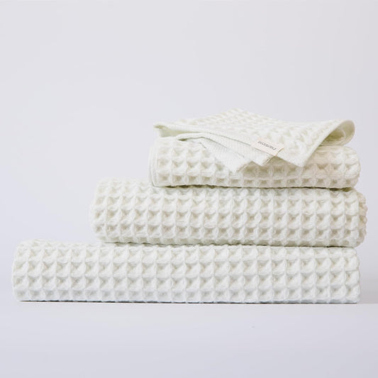 Luxury Japanese Cotton Waffle Bath Towel | Plush, Absorbent, and Quick Dry | Free Storage Bag Included (Shell White, Complete Set (4-Piece))