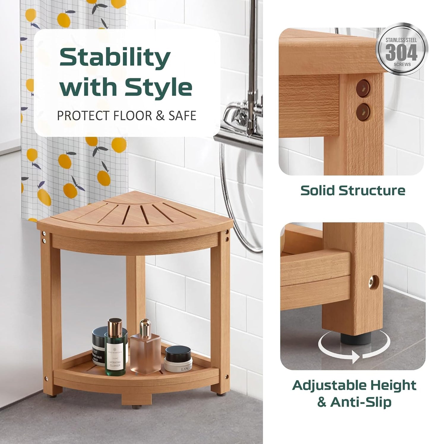 Corner Shower Stool for Inside Shower, HIPS Waterproof Shower Bench Seat Chair, Plastic Bath Shower Stool for Shaving Legs Foot Rest with Storage Shelf, Adjustable & Non-Slip Feet, Teak Brown