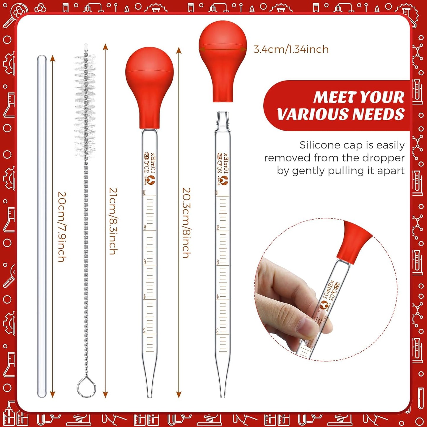 Weewooday Glass Droppers Pipettes Graduated Lab Dropper Glass Liquid Pipette with Big Rubber Hats 20 cm Stir Rod Washing Brush Transfer for Liquid Essential Oil(8 Pieces,Red,10 ml)