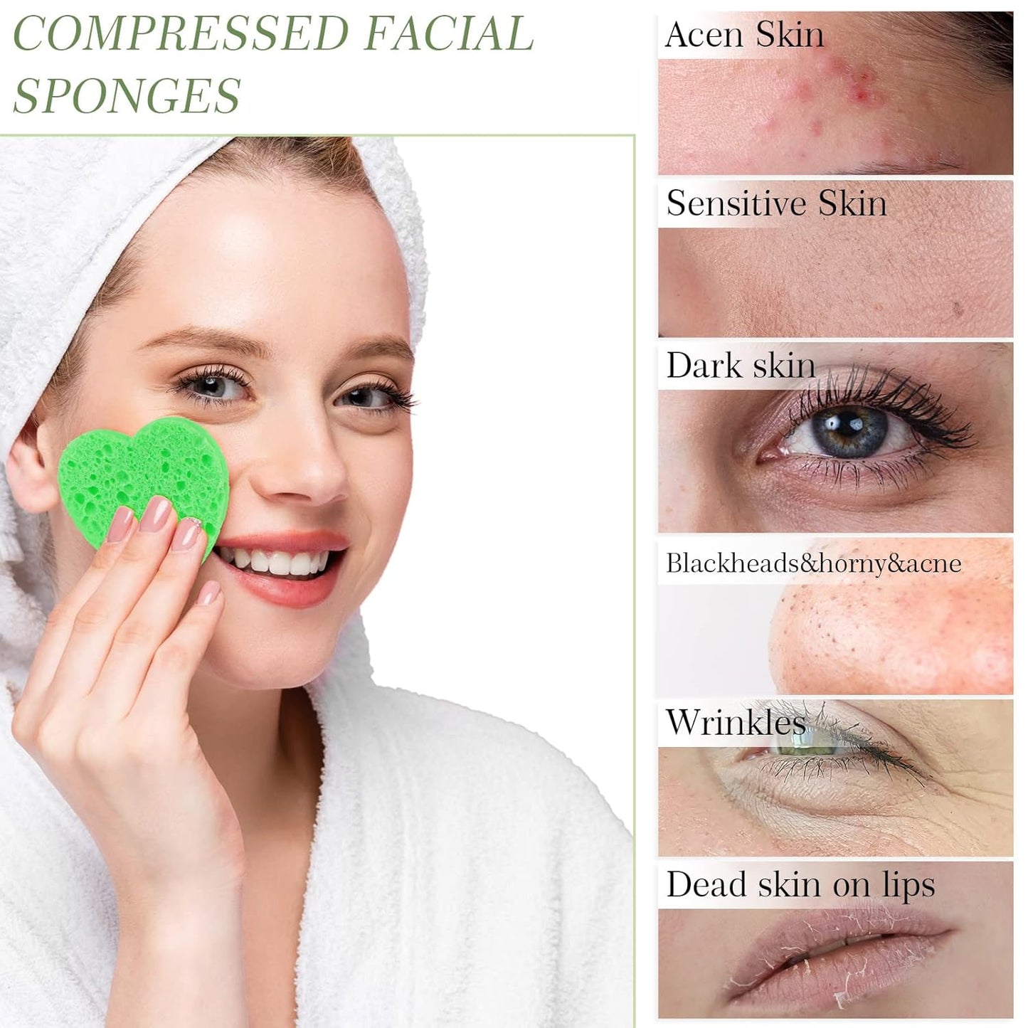 Sieral 120 Pcs Compressed Facial Sponges with Container Disposable Face Sponge Pads for Washing Face Cleansing Exfoliating Esthetician Makeup Removal(Heart,Green)