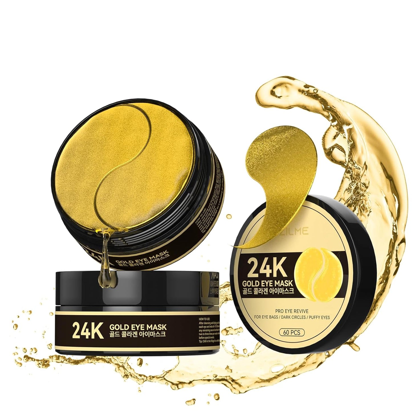 24k Gold Under Eye Patches - Firming, Glowing & Hydrating Hydrogel Mask for Puffy Eyes, Dark Circles, Wrinkles, Eye Bags Treatment, Gifts for Women and Men, 60Pcs Black