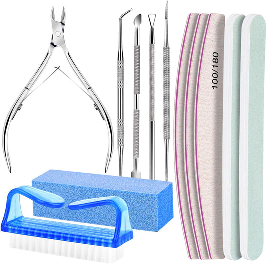 FANDAMEI Manicure Set, Nail Tools, Files 100/180, Buffer Block, Cuticle Nippers, Pusher, Peeler, Lifter for Ingrown Toenails, Toenail File, Care Kit, Blue
