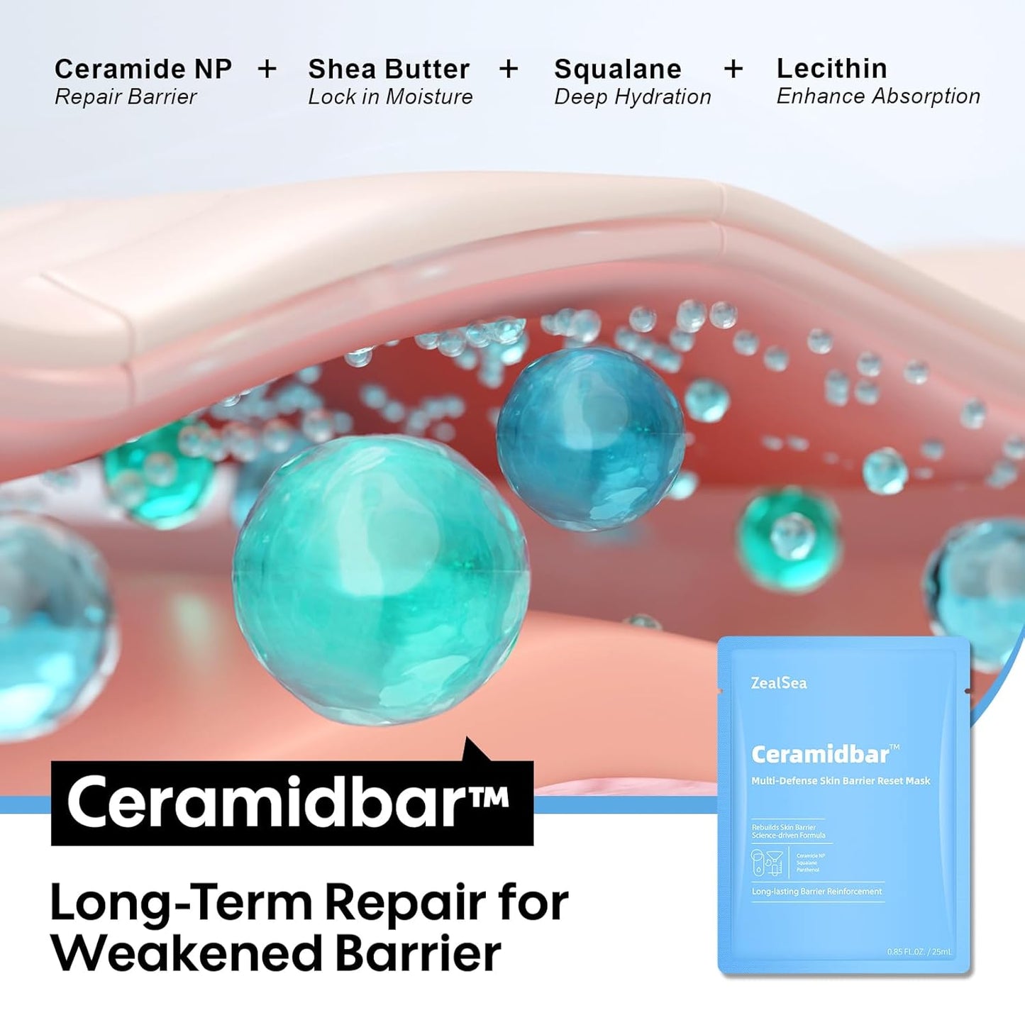 Ceramidbar Face Masks Skincare Set, ZealSea Derm Solution Sheet Mask for Multi-Trigger Sensitivity, Soothing & Calming, Strengthen & Restore Skin, Facial Mask with Cica & Ceramide, 10 Pack