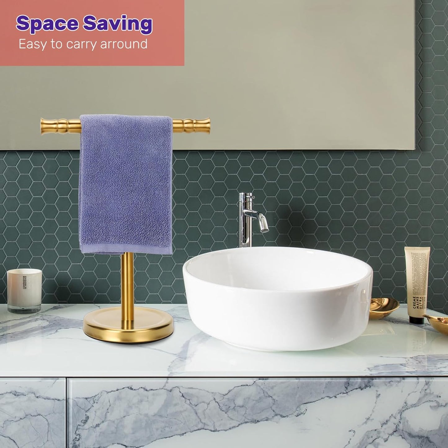 Gold Hand Towel Holder Stand for Bathroom Vanity Countertop SUS304 Stainless Steel T-Shape Free Standing Towel Rack Stand Towel Bar for Bathroom Kitchen