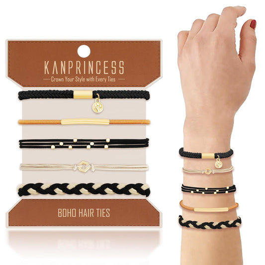 Hair Tie Bracelet, 5 Pcs Boho Hair Ties For Girls and Women, Elastic Hair Ties, Hair Bands For Ponytails, Ponytail Holder For Daily Life, Sport, Cooking, Working (Set 17)