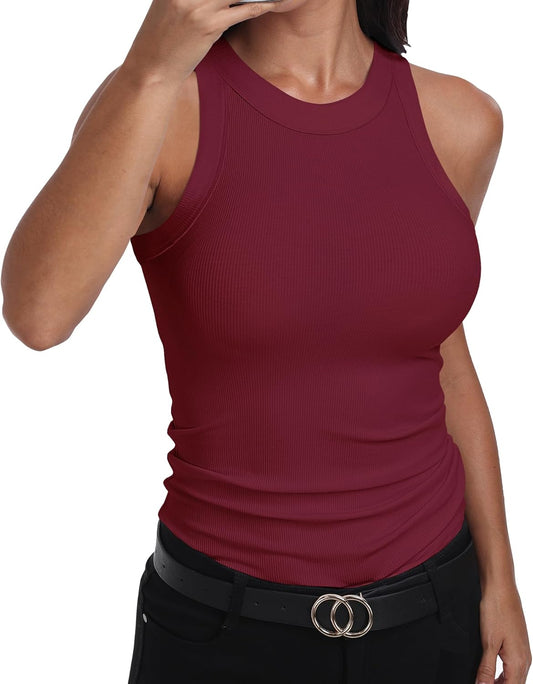 GEMBERA Womens Sleeveless Racerback High Neck Casual Basic Cotton Ribbed Fitted Tank Top