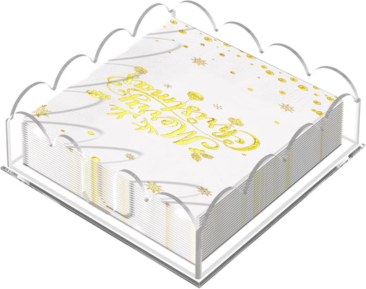 Napkin Holder fo Table, Acrylic Napkin Paper Towel Holder for Kitchen, Clear Acrylic Guest Towel Holder Tray for Bathroom, Cocktail Napkin Holder for Dinner (Scalloped Clear 7'' Square)