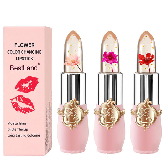 BestLand 3 Pcs/Set Flower Jelly Lipstick Set Temperature Change Moisturizer Long Lasting Nutritious Balm Magic Color Change Lip Gloss (3Pcs Flower Jelly Lipstick 010203)