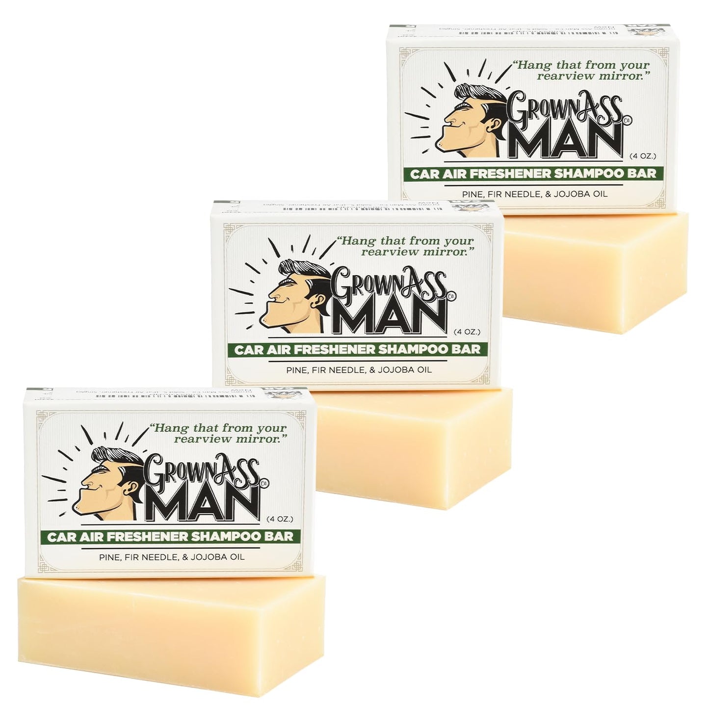 Grown Ass Man Co. - Solid Shampoo Bar Rich Lather 3 in 1: Hair, Beard & Body Wash - Plastic Free & Eco-Friendly, Natural & Organic for All Hair Types, 4oz Bar (Car Air Freshener, 3-Pack)