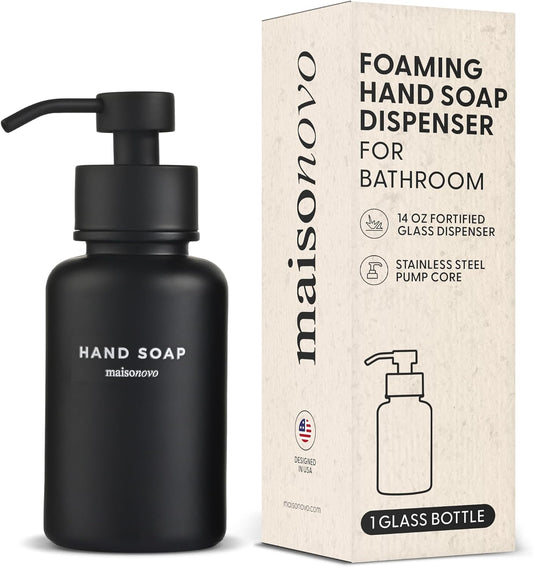 MaisoNovo Glass Foaming Hand Soap Dispenser 14 Oz | Black Foaming Soap Dispenser Black Pump x 1 w/Labels