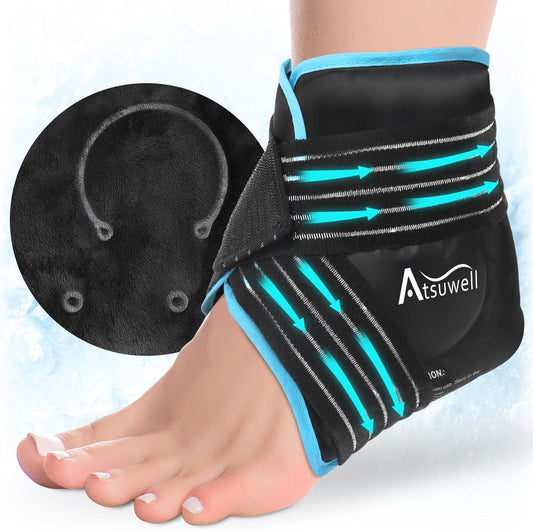 Atsuwell Ankle Ice Pack Wrap, Reusable Gel Ice Pack for Foot Ankle Heel, Foot Ice Wrap with Soft Plush Lining, Cold Compress Therapy for Soothing Discomfort, Black