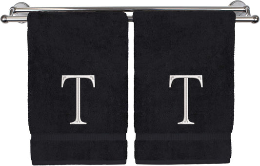 Monogrammed Hand Towel, Personalized Initial Gift, Extra Absorbent 100% Turkish Cotton - Soft Terry Finish - Set of 2 - White Block Initial T - Embroidered on Black Towels