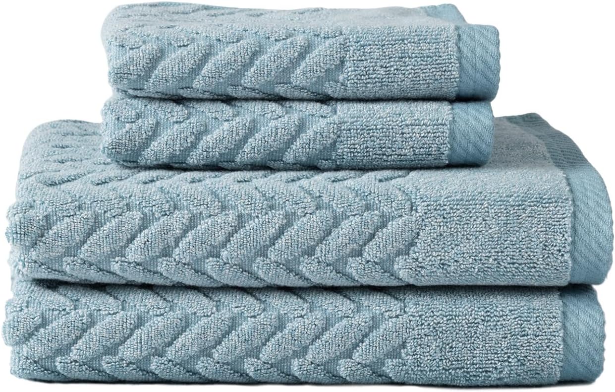 Texere 100% Organic Cotton Cable Jacquard 650 GSM Luxury Towel Sets - Ultra Soft and Absorbent Hotel and Spa Quality (Cable, Smoke Blue, 2 Hand & 2 Face Towels)