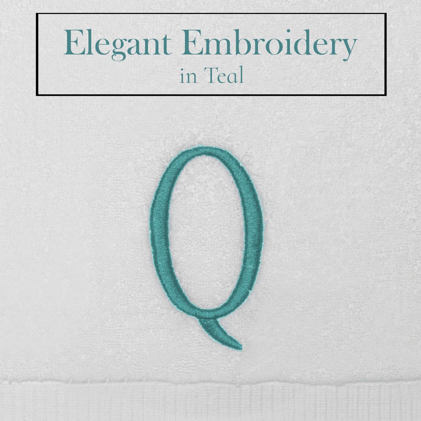 White Powder Room Hand Towel - Monogram Initial Hotel Quality Decorative Embroidered Luxury Towel for Spa - GOTS Organic Certified - Set of 2 Teal Letter Q