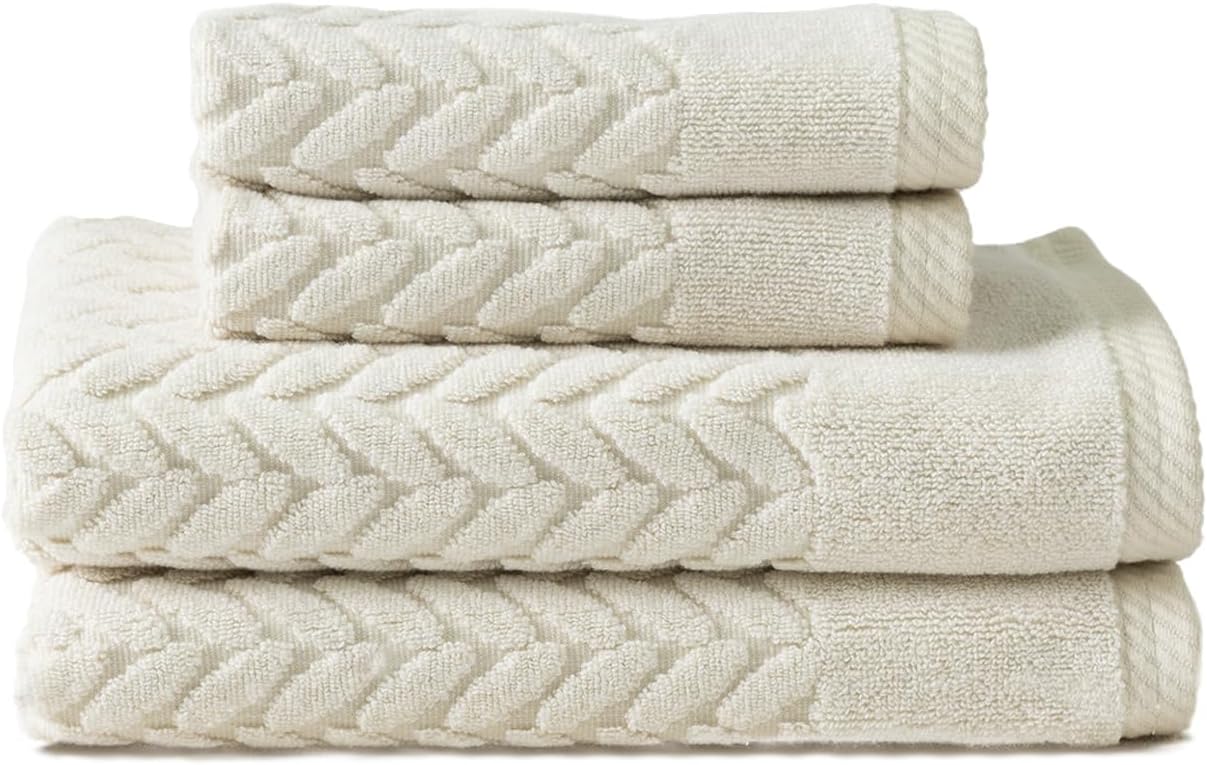 Texere 100% Organic Cotton Cable Jacquard 650 GSM Luxury Towel Sets - Ultra Soft and Absorbent Hotel and Spa Quality (Cable, Birch, 2 Hand & 2 Wash Towels)