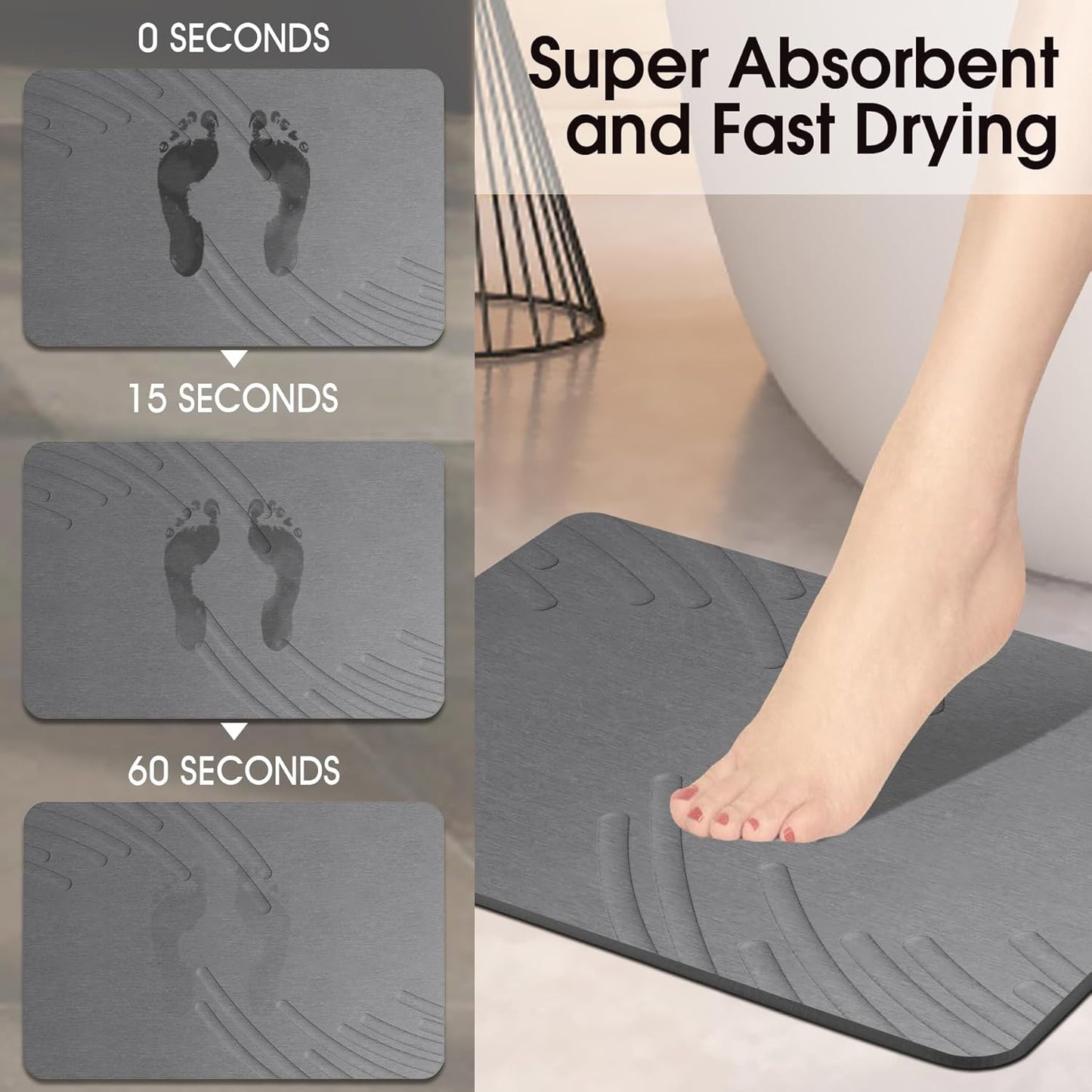 Stone Bath Mat Diatomaceous Earth Shower Mat Non-Slip Super Absorbent Diatomite Stone Mats for Bathroom Floor/Ktichen Cuonter Quick-Drying Easy to Clean (24''*16'' Grey)