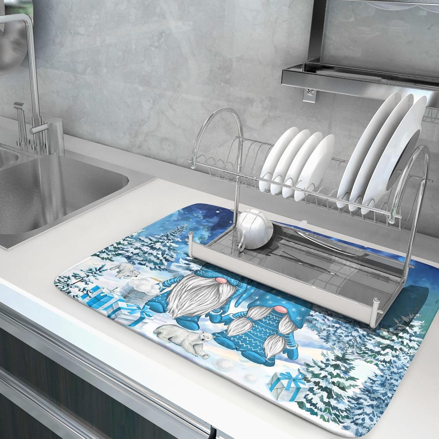 Winter Blue Gnome Dish Drying Mat for Kitchen Counter Pine Tree Microfiber Dish Pad Absorbent Reversible Fast Dry Draining Mats 18x24 Inch