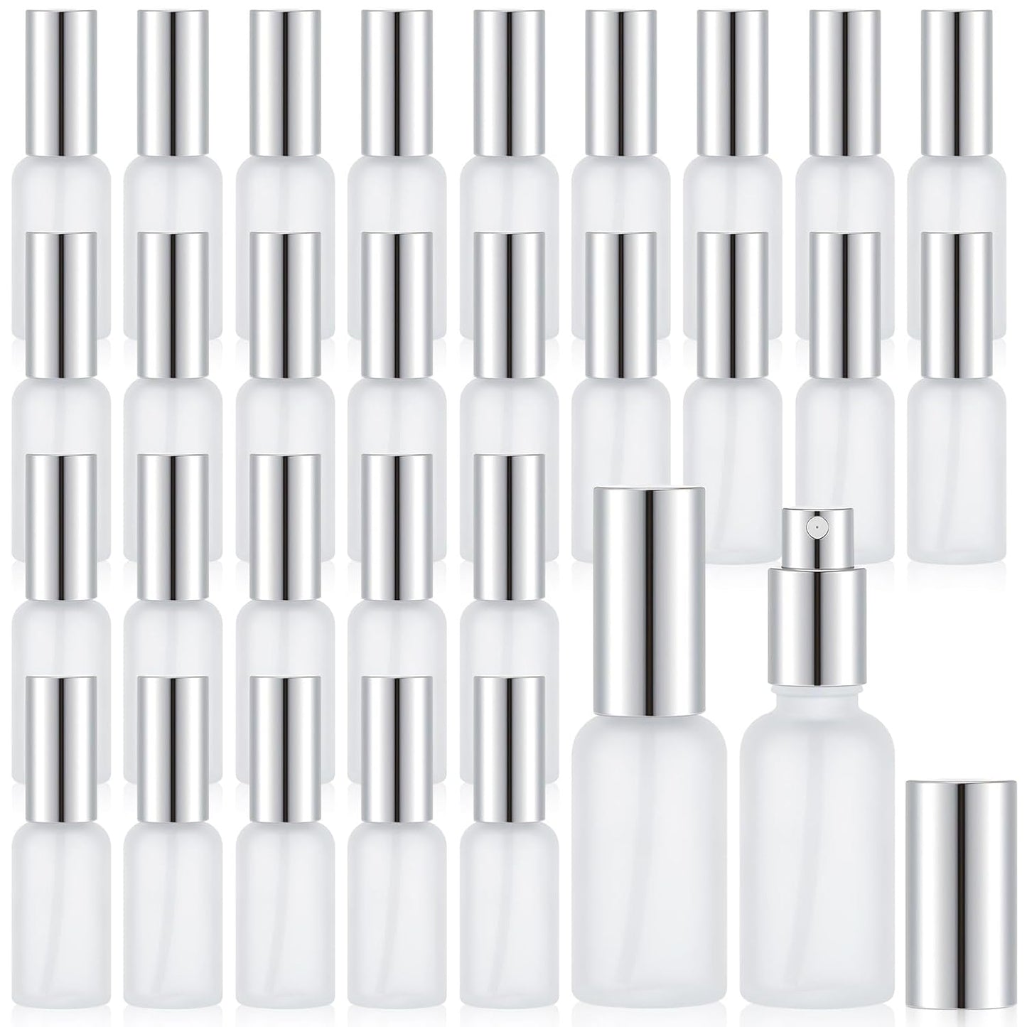 Roshtia 30 Pcs 1 oz/ 30 ml Silver Glass Spray Bottle Refillable Perfume Atomizer Clear Decorative Empty Bottles with Fine Mist Sprayer Pump for Face Body Travel