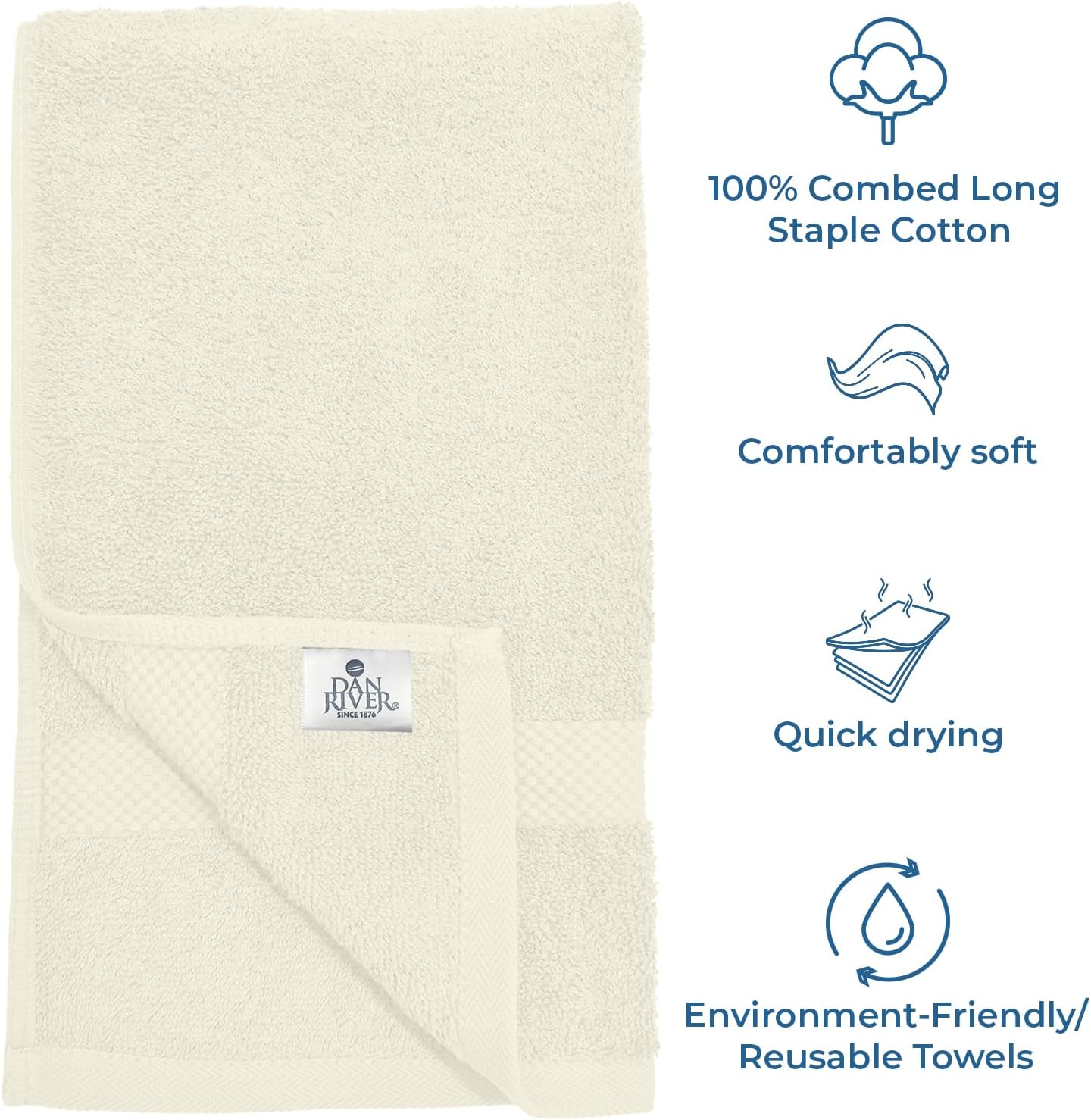 DAN RIVER 6-Pack Premium Hand Towels (16x28 Inches) - 100% Cotton, Ultra Soft, Lightweight, Highly Absorbent Towels for Bathroom, Spa, Gym, Salon, Hotel, and Travel - 550 GSM – Ivory