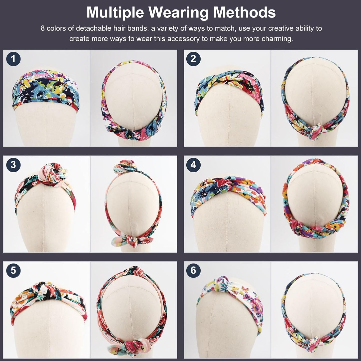 DRESHOW 8 Pack Adjustable Knotted Headbands Cotton Elastic Non Slip Hair Bands Floral Yoga Headbands for Women and Girls