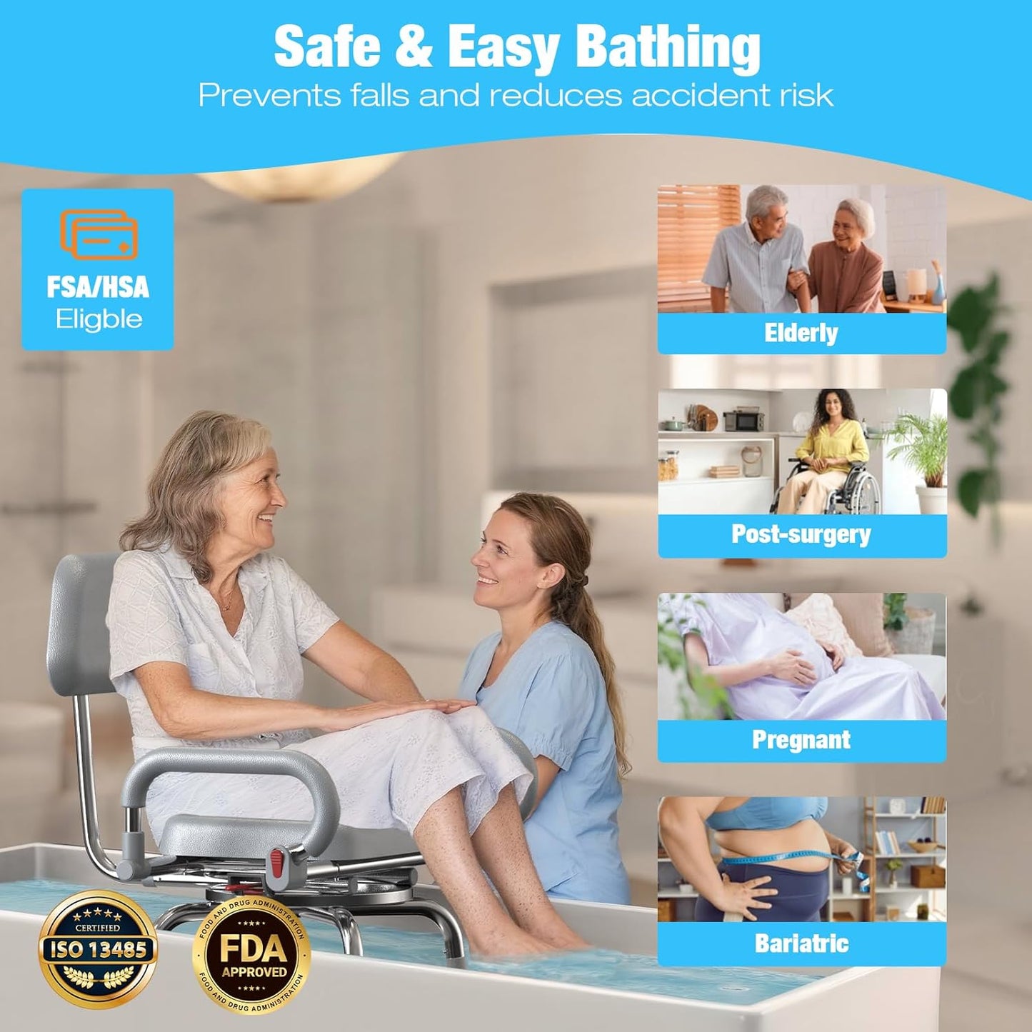 Swivel Shower Chair with Arms and Back,Anti-Slip Design,with Security Belt for Elderly and Disabled,Adjustable Height and Backrest,One-Touch Rotate Shower Chair,Gray