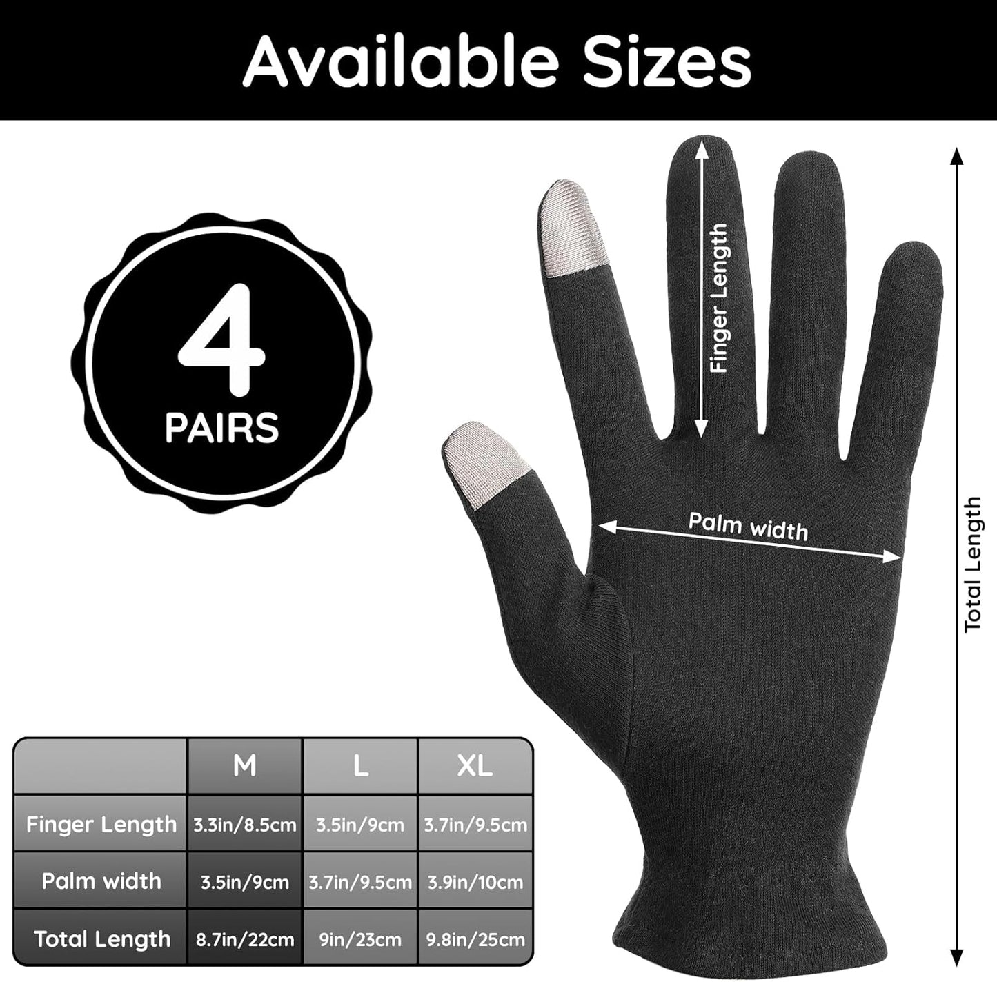 Segbeauty 8 Counts Black Cotton Gloves Touchscreen for Women and Men, 4 Pairs Hand Moisturizer Gloves with Elastic Band, Soft Sleeping Glove for Dry Hands Overnight, Spa Lotion Cotton Glove Liners