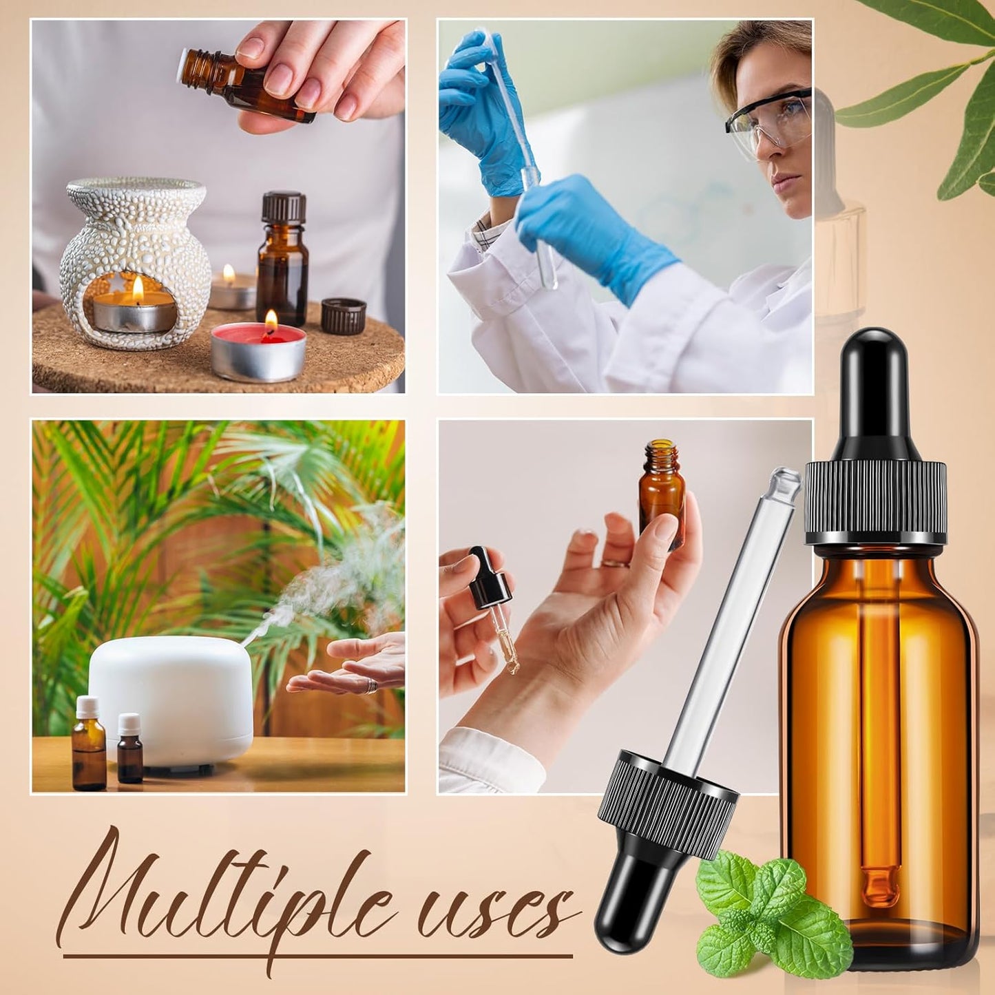 Lallisa 100 Pack Essential Oil Dropper Bottle 30 ml (1 oz) Glass Dropper Bottles DIY for DIY Essential Oil Perfume with 5 Funnels 5 Pipettes 3ml 100 Labels for Bathrooms, Hotels, Labs (Amber)