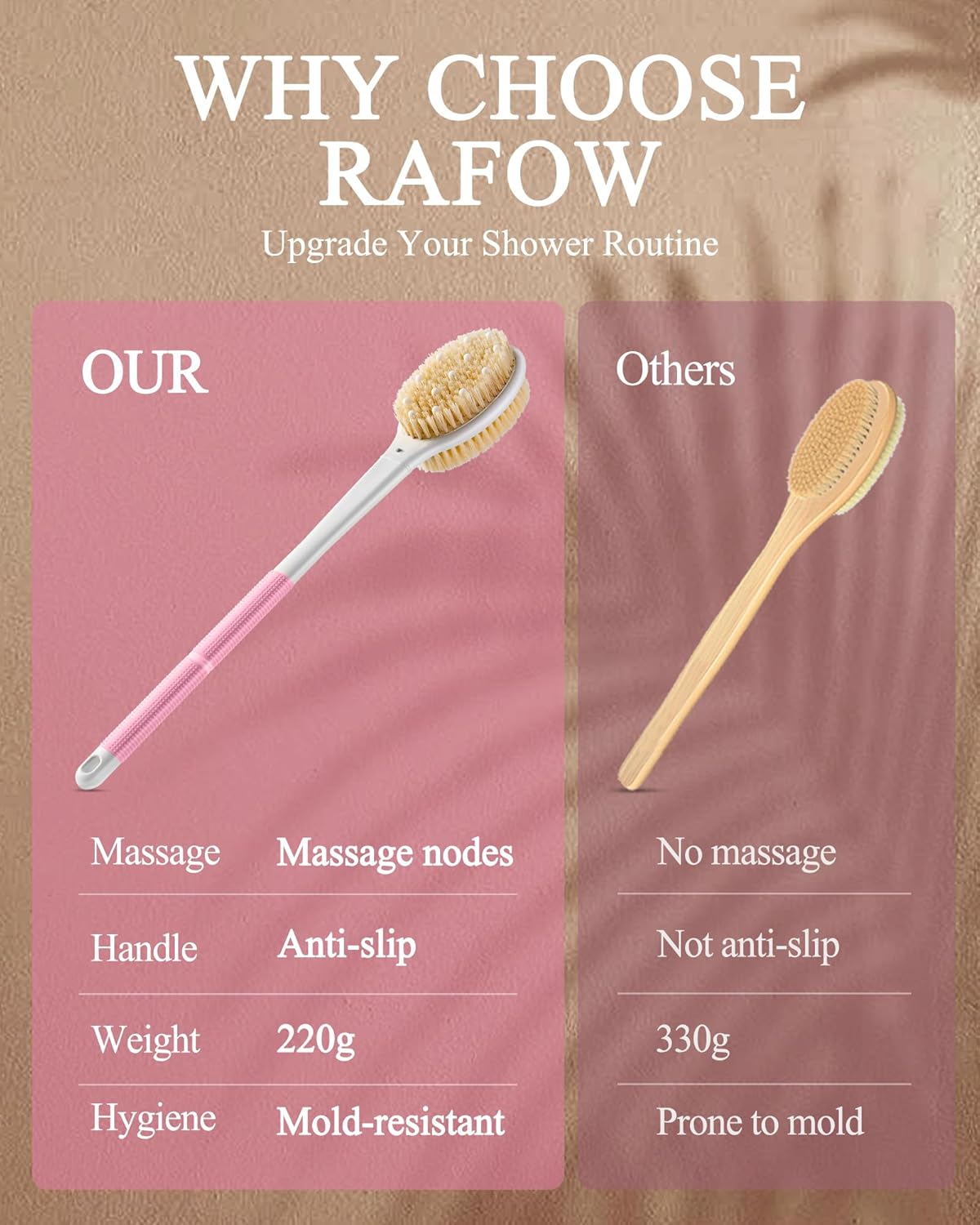 Shower Brush for Massage Dry Brushing: Back Scrubber for Shower with 18.1 in Anti Slip Long Handle - Bath Body Brush for Lymphatic Drainage, Exfoliator Improving Skin Health for Women Men Elderly Pink