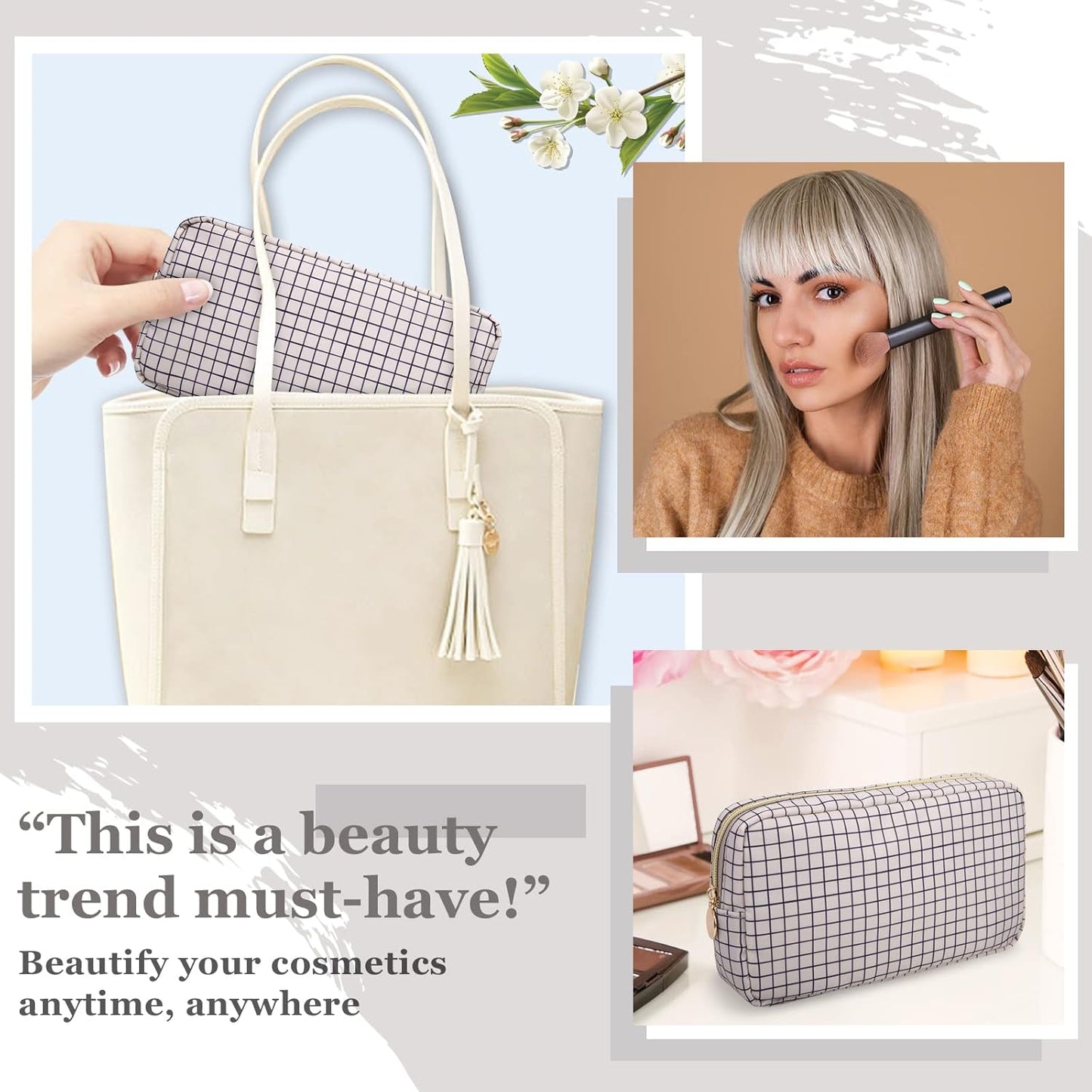 Nylon Small Makeup Bag for Purse, Cute Checkered Makeup Bag Preppy Cosmetic Zipper Pouch Purse, Waterproof Portable Travel Toiletry Bag Clutch Make Up Brush Bag Organizer for Women Girls(Checkered)