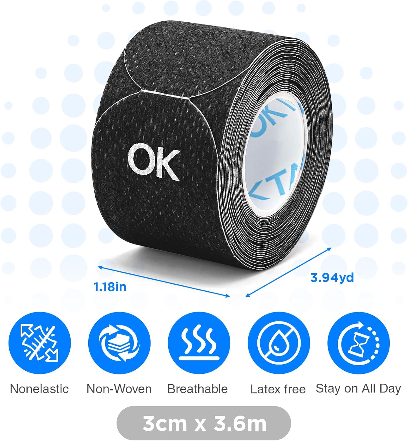 OK TAPE Pre-Cut Blister Bandages for feet | Blister Prevention Tape for Feet, Fingers, Toes | 1.2in x 3.5in,Black,40pcs