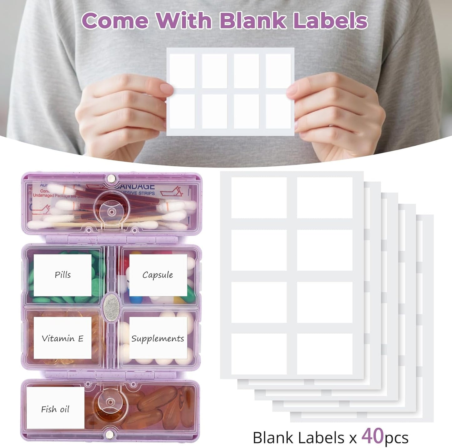 Zentiky Small Daily Pill Organizer with Labels, Medicine Pill Organizer Fit with Your Purse or Pocket for Travel to Hold Vitamin, Fish Oil, Supplement,Cotton Swabs, Bandages or Jewelry-Purple