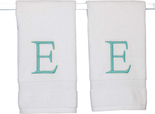 White Monogram Hand Towel for Bathroom - Monogrammed Initial Hotel Quality Decorative Embroidered Luxury Towel for Powder Room, Spa - GOTS Organic Certified - Set of 2 Teal Letter E