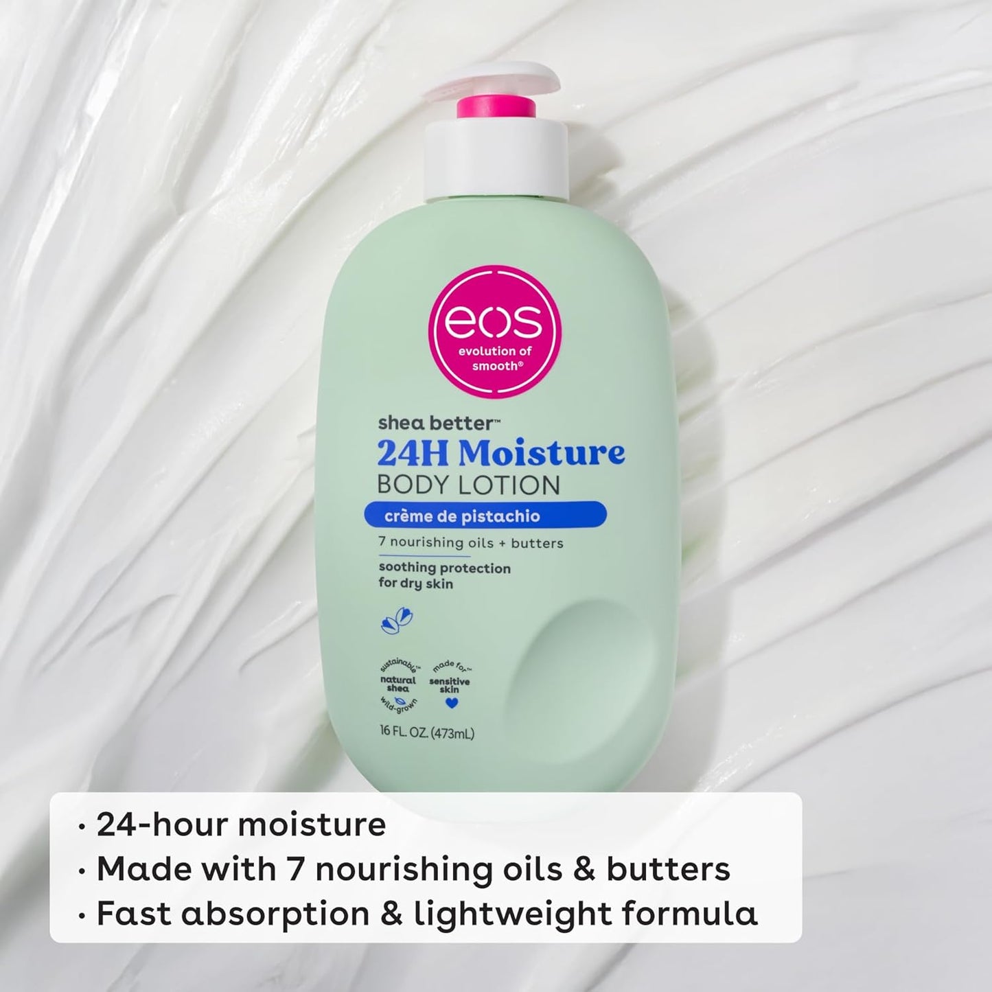 eos Shea Better Body Lotion- Crème de Pistachio, 24-Hour Moisture Skin Care, Lightweight & Non-Greasy, Made with Natural Shea, Vegan, 16 fl oz