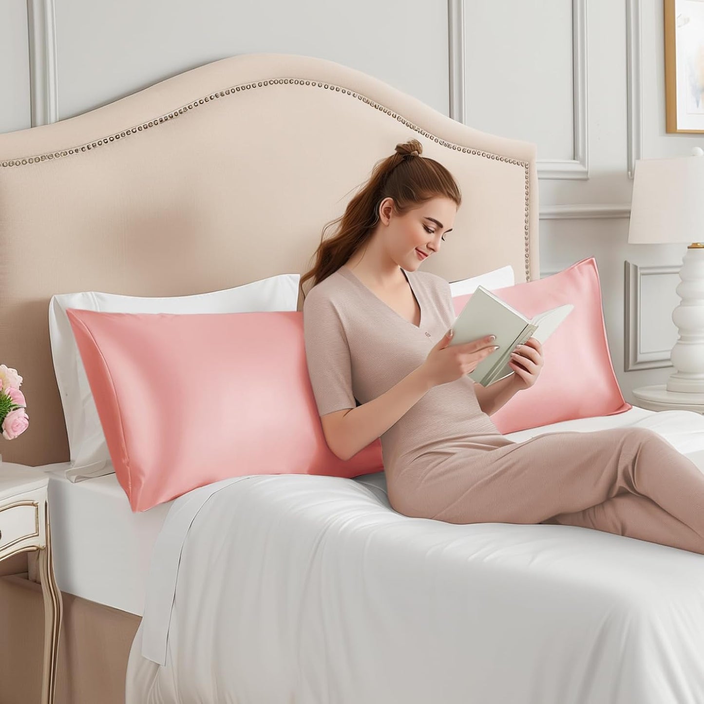 INFIIXSO Body Pillow Cover with Zipper, Luxury Mulberry Silk Body Pillow Case 20x54 Inches, Ultra Smooth and Soft Cooling Long Pillowcase, Gift for Women, Men(Blush Pink)