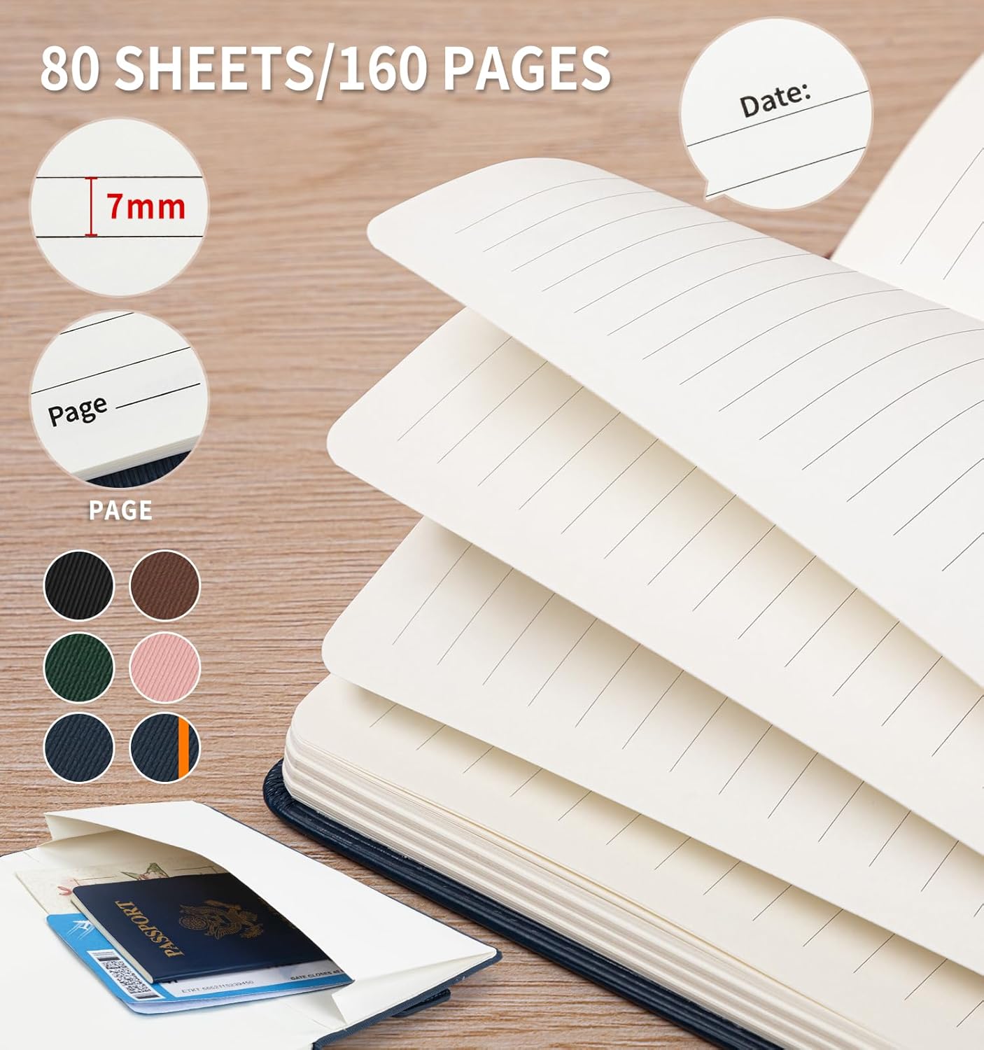 Lined Journal Notebook for Work, A5 Leather Notebook with Pen Sleeve, 100GSM/160 Pages Thick Paper, Daily Journals for Writing, School, Note Taking, Business, Travel, College Ruled