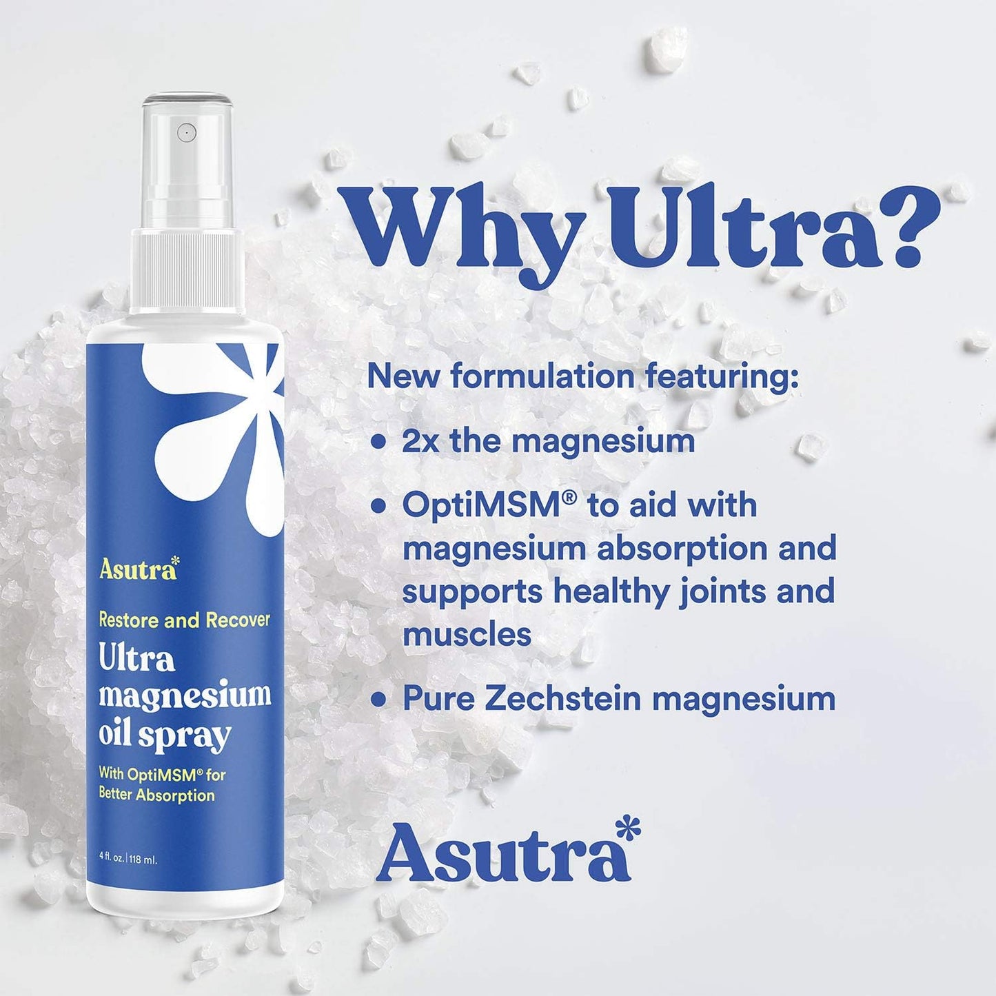 ASUTRA Ultra Magnesium Oil Spray with OptiMSM, 4 fl oz - Topical Magnesium, Rapid Absorption, Pure, Odorless and Non-Greasy, Derived from Zechstein Seabed
