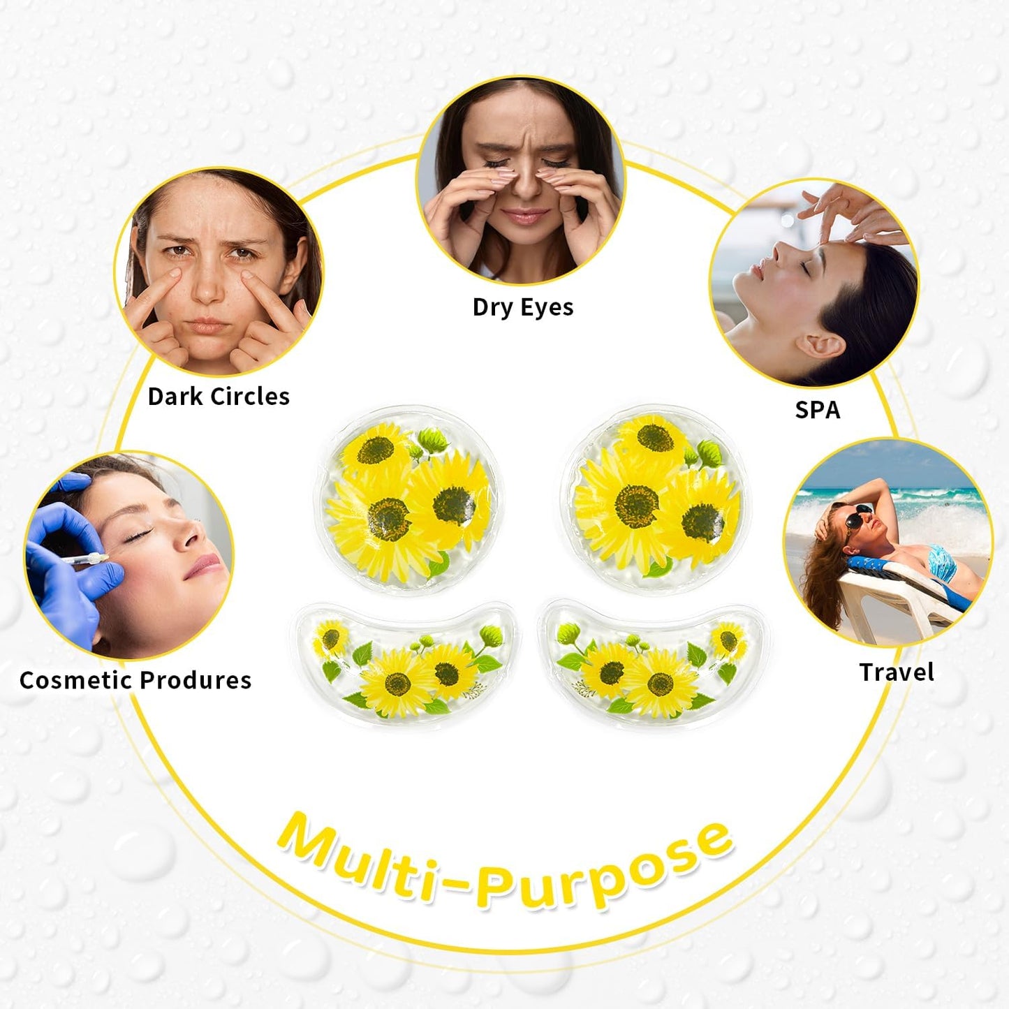 4PCS Gel Eye Ice Pack Set, Cold & Hot Compress, Reusable Cooling Gel Pads for Strain Relief, Swelling, Dark Circles, Redness, Puffy Eyes, Surgery Recovery(4 Yellow flowers)