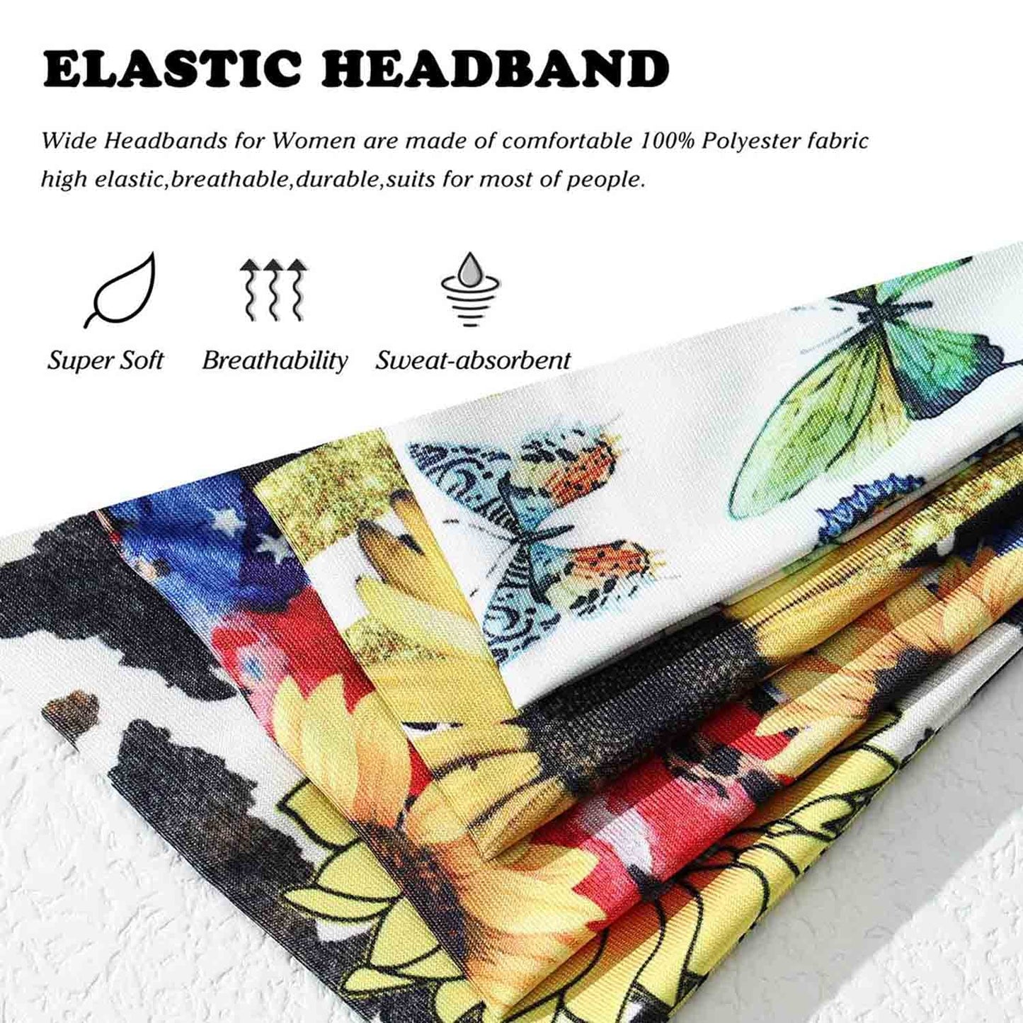 Olbye Wide Boho Headbands Turban Elastic Hairbands Nonslip Floral Bandana Workout Yoga Hair Scarfs Running Sweatband African Head Wraps Bohemian Hair Accessories for Women (F- Flower)