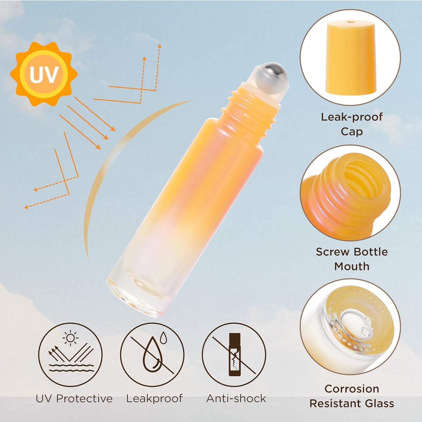 Essential Oil Roller Bottles, 10ml Thick Glass Perfume Roller Bottles with Funnel Opener and Dropper Colored Glass Empty Bottles with Stainless Steel Roller Balls (Orange, 12 Pack)